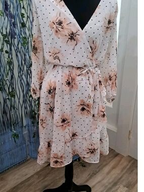 Petal & Polka Dot Garden Dress • Romantic Floral Wrap Midi • Size Medium